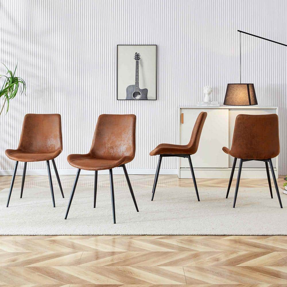 Brown Suede Upholstered High Back Side Chair Set with Metal Legs