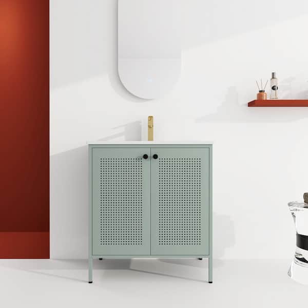 Unbranded 30 in. W x 18 in. D x 33 in. H Freestanding Bathroom Vanity in Green with White Ceramic Top