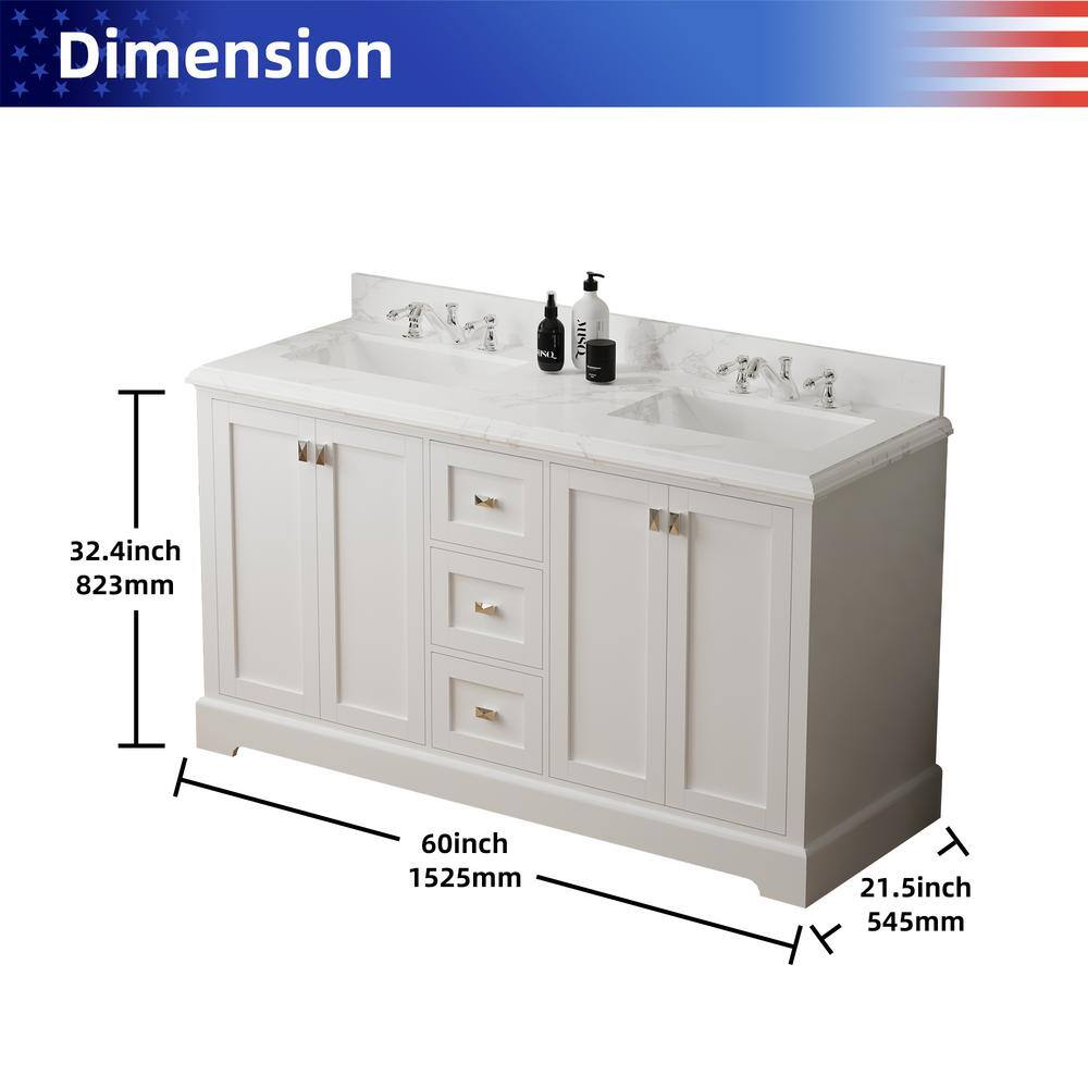 60'' White Double Freestanding Bathroom Vanity with Marble Top