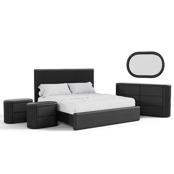 Eastbrook 5-Piece Modern Black Acacia Wood Queen Fluted Bedroom Set with 2 Nightstand and Dresser/Mirror