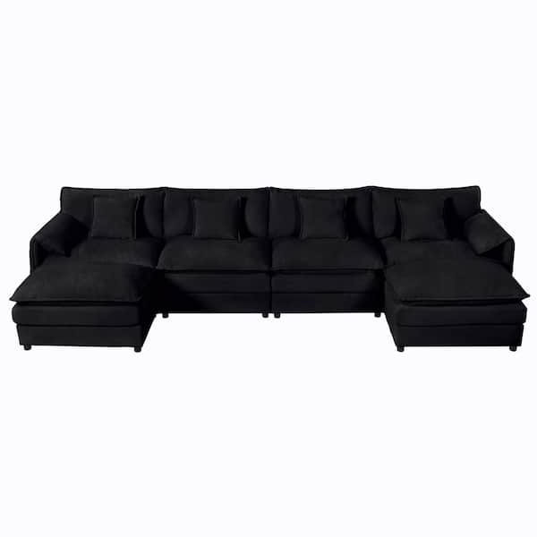 Wilson 143.31 in. 6-Piece Upholstered Chenille U-Shaped Modular Sectional Sofa in. Black with Ottomans, Pillows
