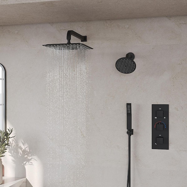 12 in. Thermostatic 5-Spray Square Wall-Mount Dual Fixed and Handheld Shower Head 2.5 GPM in Matte Black with Valve