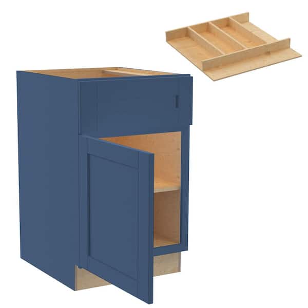Home Decorators Collection Washington 21 in. W x 24 in. D x 34.5 in. H Vessel Blue Plywood Shaker Assembled Base Kitchen Cabinet Left Utility Tray