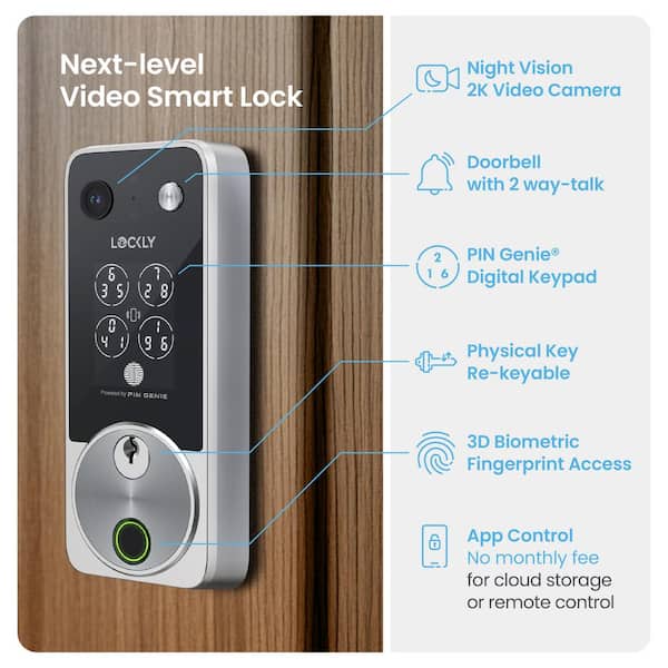 Lockly Vision 2K Video Zeno Satin Nickel Deadbolt Wifi Doorbell