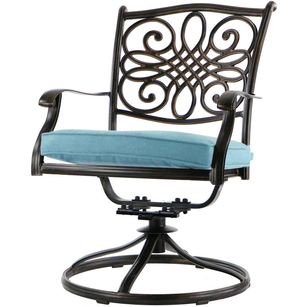 Bronze Aluminum Outdoor Dining Set with Blue Cushions