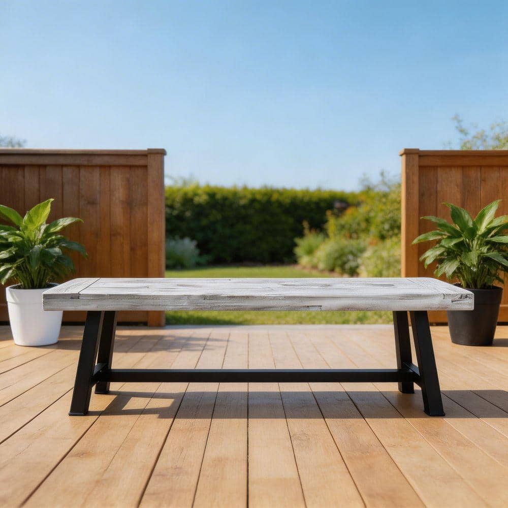 Outdoor Benches (Set of 2) 63 in. Sandblasted Light Gray and Black Acacia Wood Fully Assembled