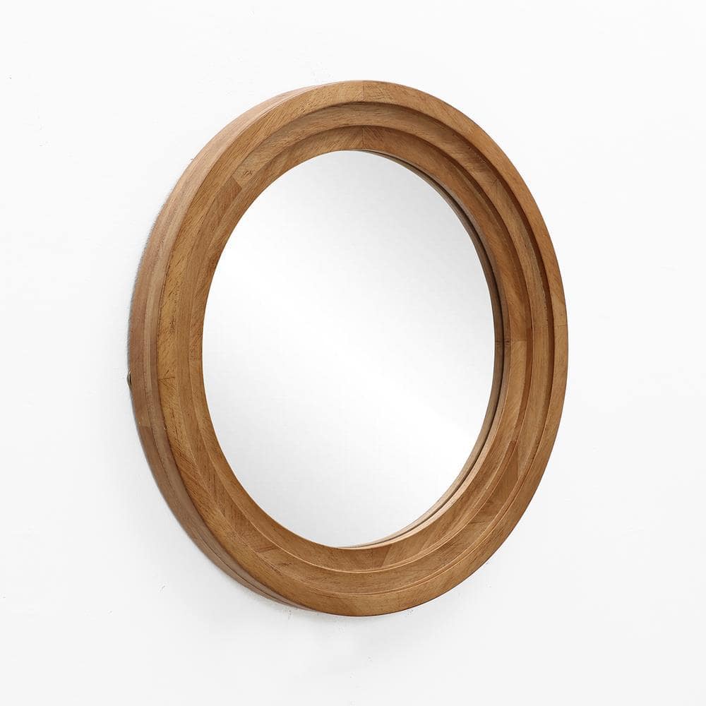 Brown Round Rubberwood 3-Piece Bathroom Vanity Mirror Set