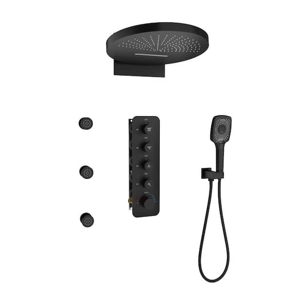 6-spray 16 in. Wall Mount Thermostatic Fixed and Handheld Shower Head 2.5 GPM with Body Spray in Matte Black