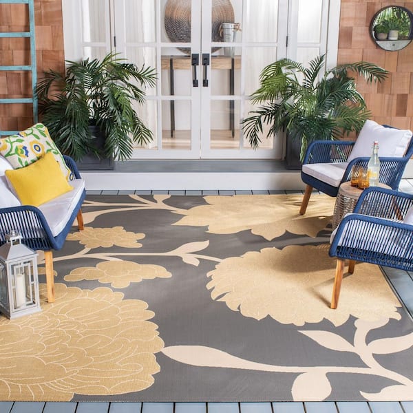 Courtyard Anthracite/Beige 7 ft. x 7 ft. Floral Scroll Indoor/Outdoor Square Area Rug