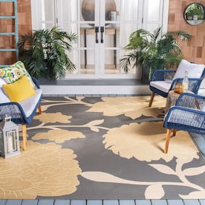 Courtyard Anthracite/Beige 9 ft. x 12 ft. Floral Scroll Indoor/Outdoor Patio  Area Rug