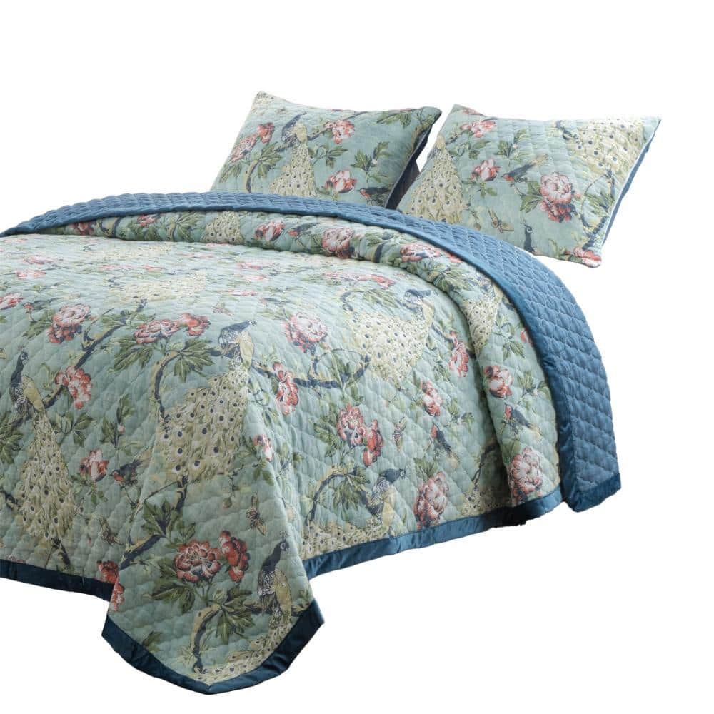 Blue and Green Reversible Microfiber Queen Quilt Set