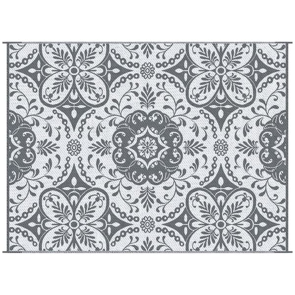 Otryad 9' x 12' Reversible Outdoor Rug Carpet, Waterproof Plastic Straw Rug, Portable RV Camping Rugs in Gray & White Floral