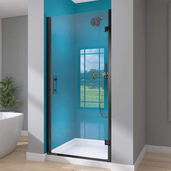 34-35.25 in. W x 72 in. H Frameless Pivot Swing Shower Door Screen in Matte Black with 1/4 in. Clear Glass Right Hinged