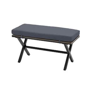 Laguna Point Brown Steel Wood Top Outdoor Patio Bench with CushionGuard Sky Blue Cushions