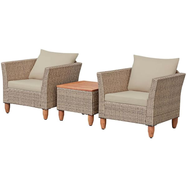 ANGELES HOME 3-Piece PE Wicker Outdoor Patio Conversation Sofa Set with Beige Cushions