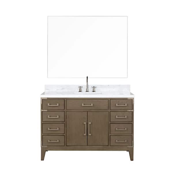 Fossa 48 in W x 22 in D Grey Oak Single Bath Vanity, Carrara Marble Top, Faucet Set, and 46 in Mirror