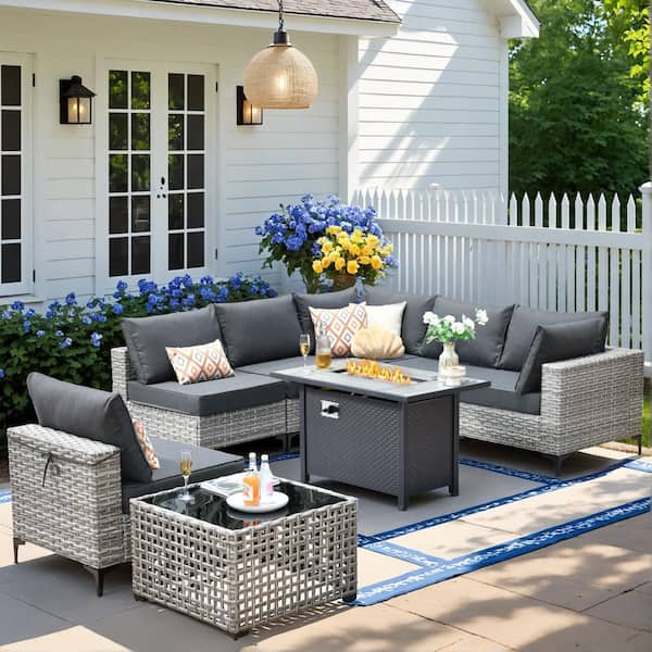 Amity 8 Pieces Wicker Patio Conversation Seating Sofa and Rectangular Fire Pit Set with Black Cushions