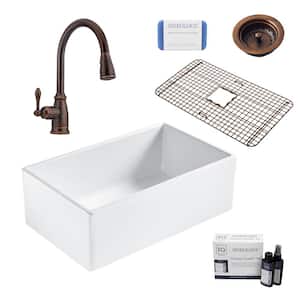 Bradstreet II All-in-One Farmhouse Fireclay 30 in. Single Bowl Kitchen Sink with Rustic Bronze Faucet and Drain