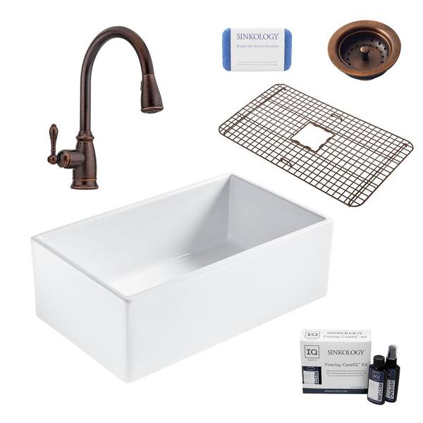 SINKOLOGY Bradstreet II All-in-One Farmhouse Fireclay 30 in. Single Bowl Kitchen Sink with Rustic Bronze Faucet and Drain