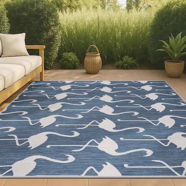 Liana Casual Coastal Flamingos 2-Tone Navy/White 5 ft. x 8 ft. Indoor/Outdoor Area Rug