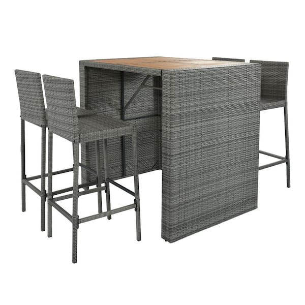 Unbranded 5-Piece Gray Wicker Outdoor Dining Set with Non-Slip Feet and Fixed Rope, Removable Gray Cushion, Acacia Wood Table Top