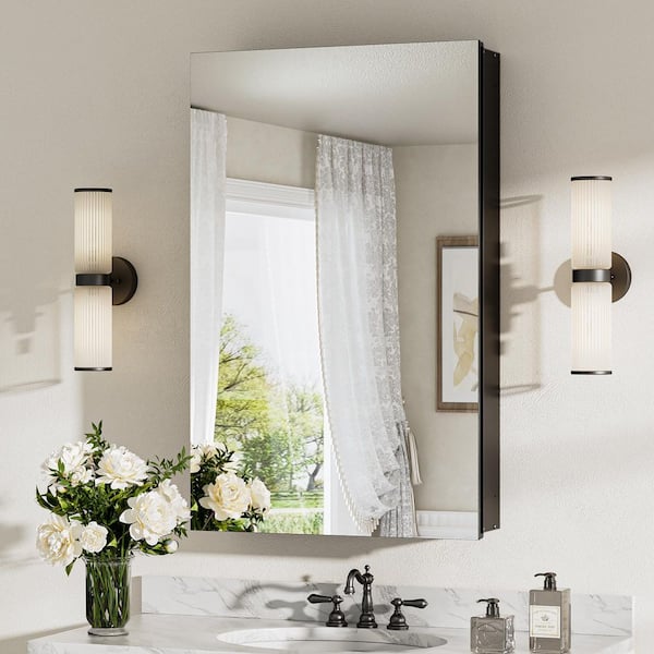 20 in. W x 32 in. H Rectangular Frameless Aluminum Black Recessed or Surface Mount Medicine Cabinet with Mirror