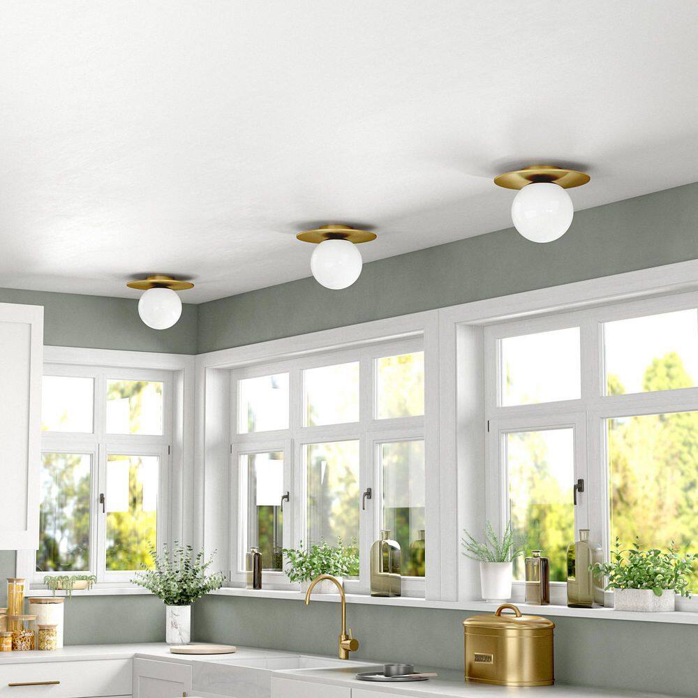 12" Brushed Brass Flush Mount with Milk Glass Globe Shade