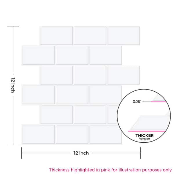 Thicker Subway White 12 in. x 12 in. PVC Self-Adhesive Peel and Stick Tile (8.5 sq. ft./10-Pack)