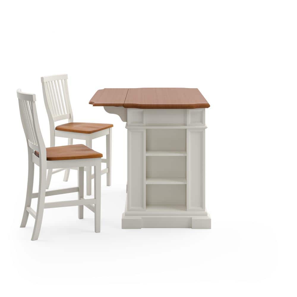 Americana Off-White Distressed Oak Kitchen Island Set with Stools