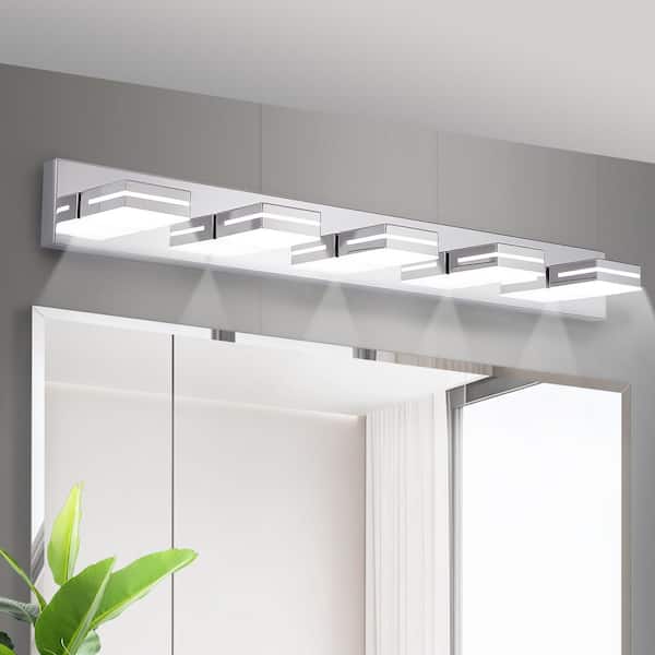 40 in. W Modern 5 Lights LED Vanity Light Chrome Wall Sconce Dimmable Lighting Fixture for Bathroom Mirror