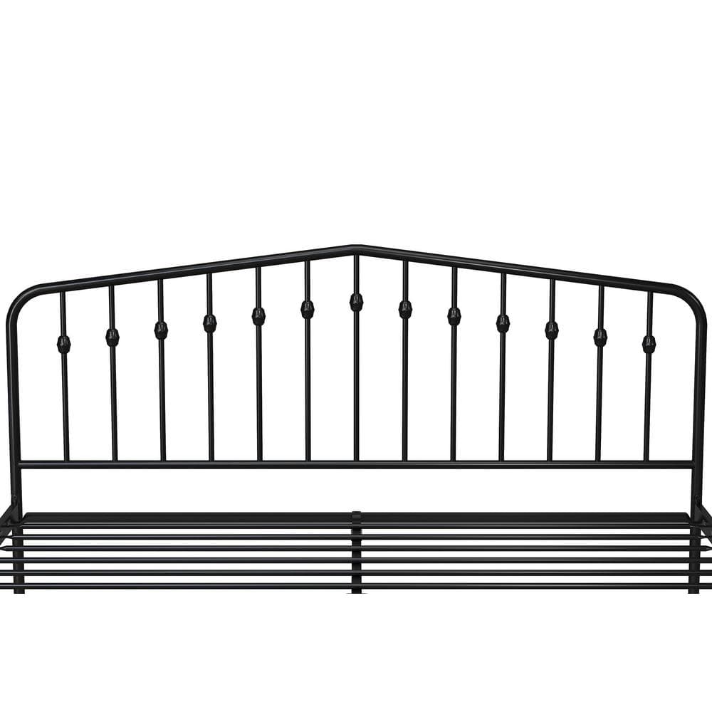 King-Sized Black Pine and Metal Upholstered Bed with Storage Drawer
