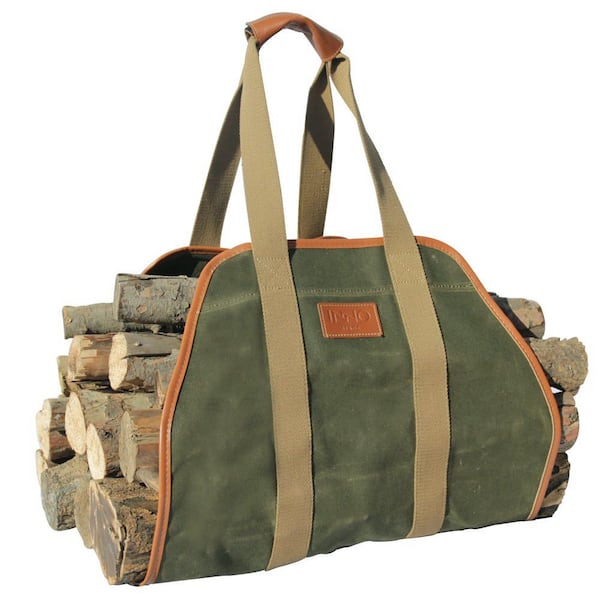 Angel Sar Green Waxed Canvas Firewood Carrier Bag, Firewood Holder for Fireplace, Efficient Firewood Hauling
