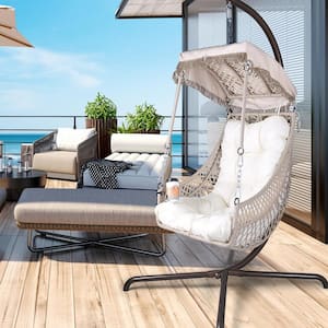 Outdoor Wicker Patio Swing Rattan Swing Egg Chair with Sunshade Cloth, Courtyard, Beige Cushion and Pillow