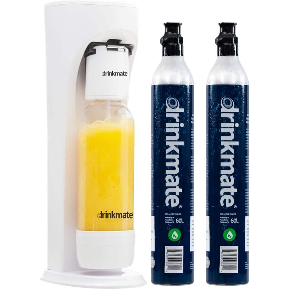 DrinkMate White Sparkling Water and Soda Maker Machine Bubble Up Bundle with 2 60L CO2 Cartridges