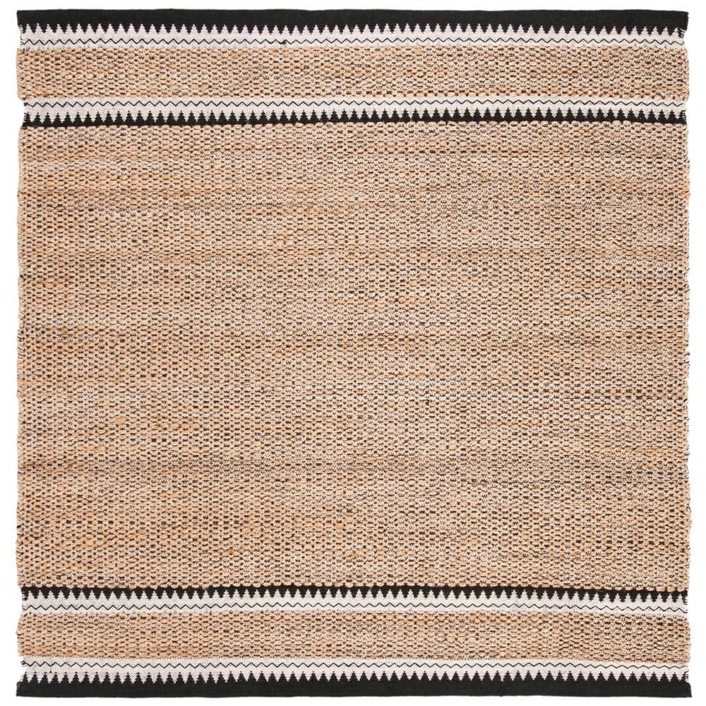 Natural Black Geometric Wool and Jute Square Rug