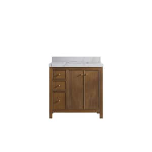 Chicago Veneer 36 in. W x 22 in. D x 36 in. H Center Sink Bath Vanity in Dark Natural with 2" Venatino Qt. Top