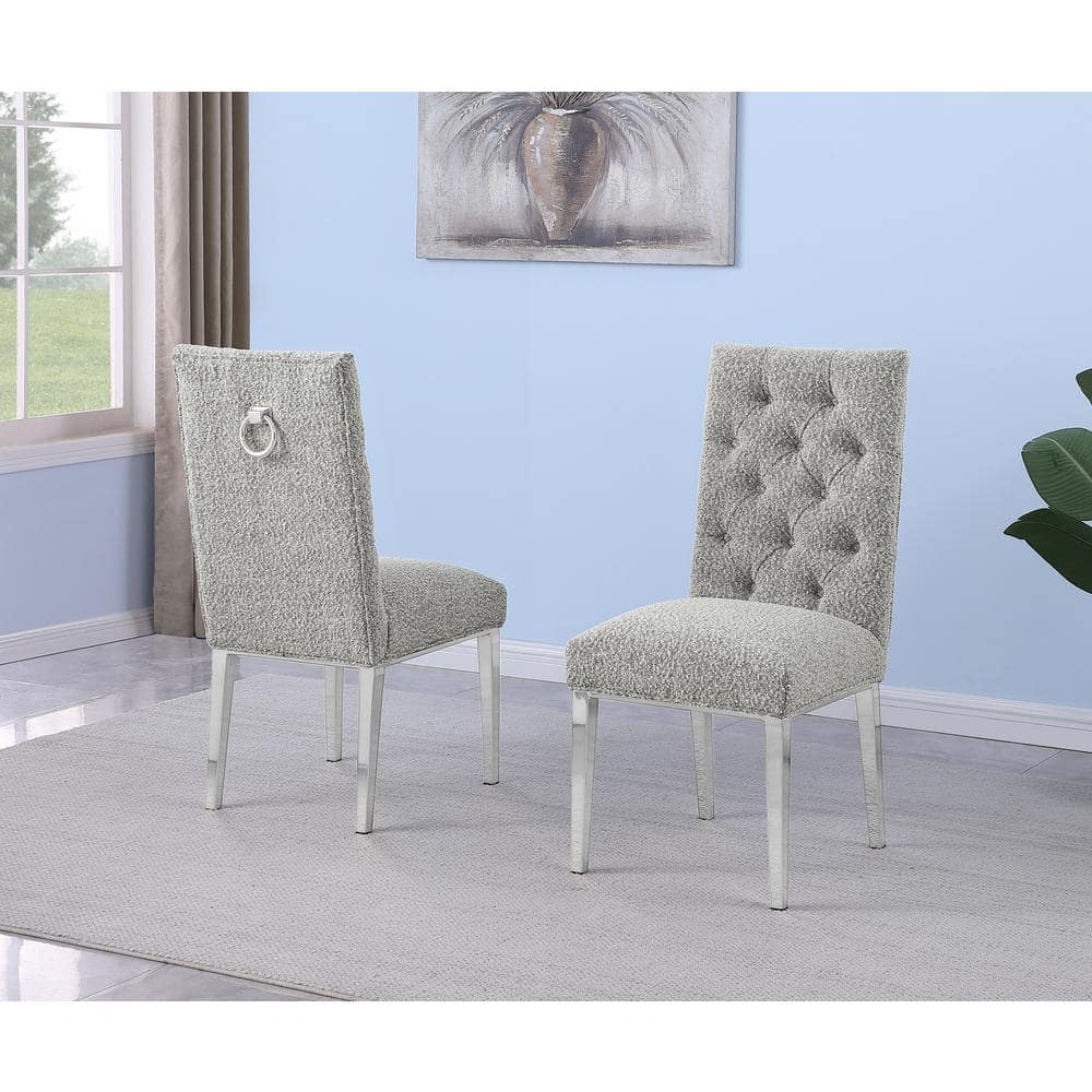 Rich Gray Boucle Fabric Side Chair with Silver Metal Legs
