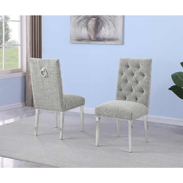 Melina Rich Grey Boucle Fabric Side Chair Set of 2 with Chrome Plated Legs