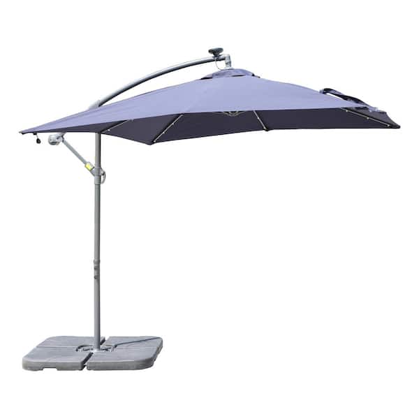 Kadehome 8.5 ft. Square Solar LED Outdoor Market Cantilever Patio Umbrella in Navy Blue with Tilt and Base