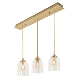 William 3-Light Satin Brass, Clear Shaded Pendant Light with Clear Glass Shade