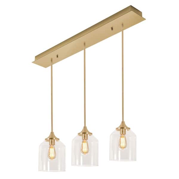 AFX William 3-Light Satin Brass, Clear Shaded Pendant Light with Clear Glass Shade