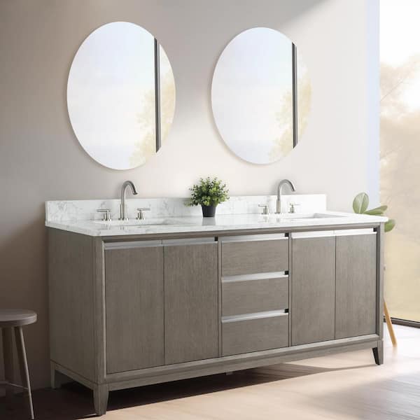 72 in. W x 22 in. D x 34 in. H Double Sink Bathroom Vanity in Driftwood Gray with Engineered Marble Top