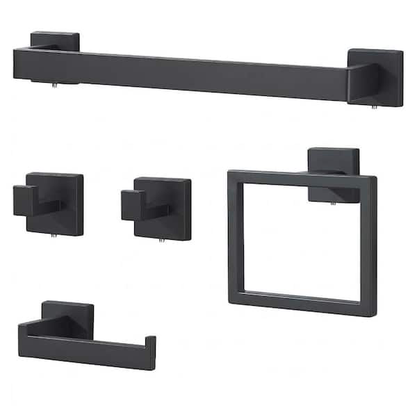 5-Piece Bathroom Hardware Set with Towel Bar, Towel Ring, Toilet Paper Holder, Hooks in Matte Black Finish