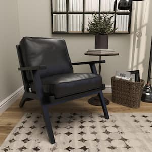 Black Mid-Century Leather Accent Chair with Teak Wood Frame