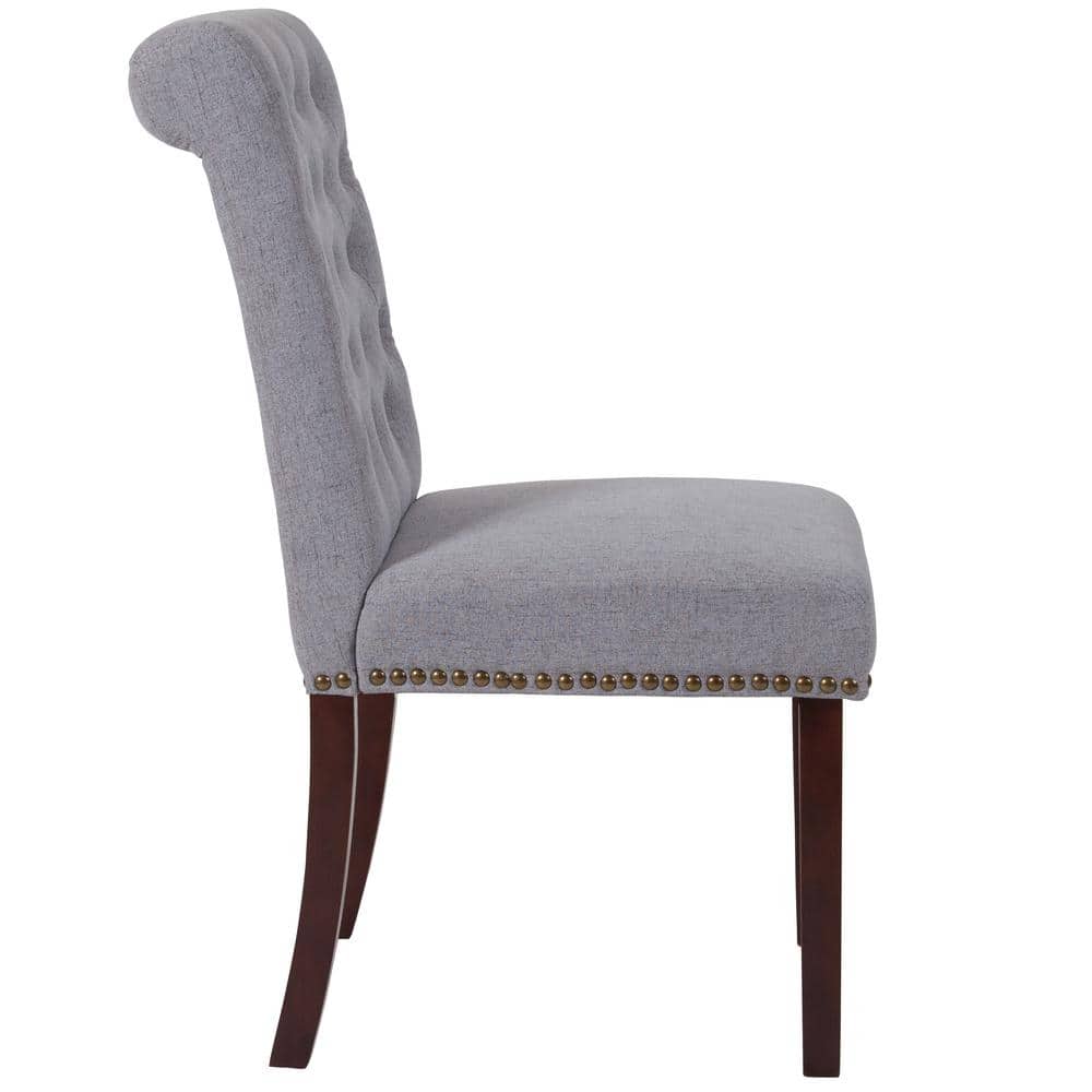 High-Back Parsons Side Chair in Light Gray Leather & Walnut Wood