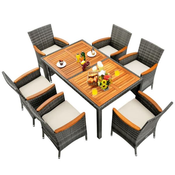 Clihome 7-Piece Wicker Rattan Outdoor Dining Set with White Cushioned Armrest Chairs