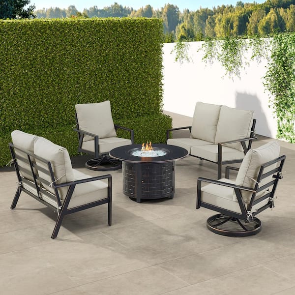 Oakland Living Black 7-Piece Aluminum Patio Fire Pit with 2-Deep Seating Loveseat and 2-Club Chairs Light Grey Cushions