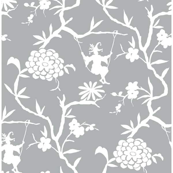 NextWall Chinoiserie Silhouette Metallic Silver Peel and Stick Wallpaper (Covers 30.75 sq. ft.)