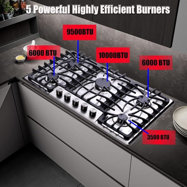 GD 30 in. 5-Burners Recessed Gas Cooktop in Stainless Steel with Thermocouple Flameout Failure Protection Device (FFD)