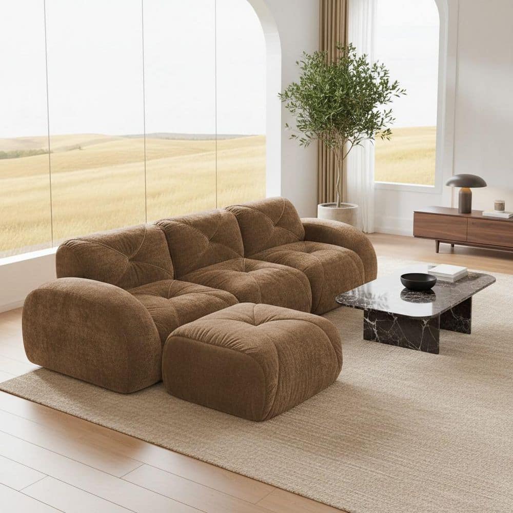 SAND 110.6 in. Oversize L-Shape Modular Velvet Sectional Sofa with Ottoman in Camel Brown, Comfort Design, No Assembly